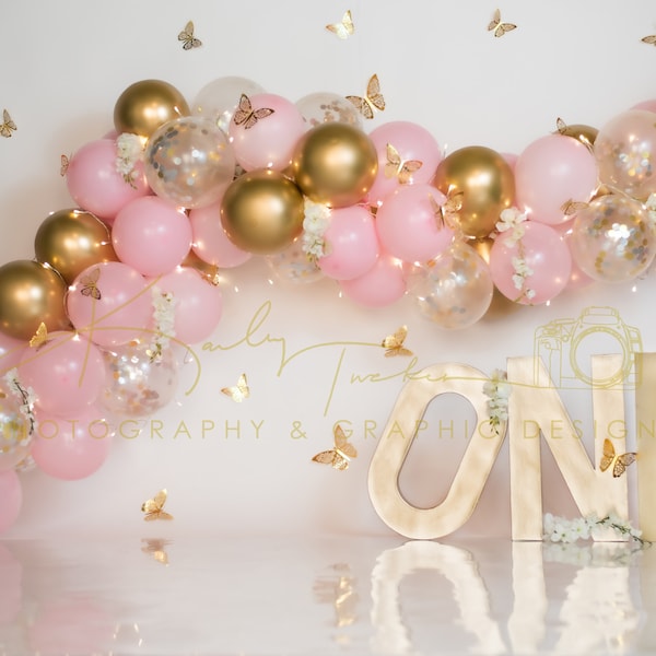 Pink Birthday Twinkle Digital Backdrop Balloon Arch Butterflies Birthday Toddler Baby Girl Pink Overlay Backdrop Photoshop Composite