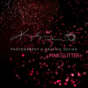 May include: Pink glitter background with a white outline of a camera and the text "Photography & Graphic Design" and "Pink Glitter" in white.