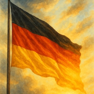 Könnte beinhalten: Aquarellmalerei der deutschen Flagge, die im Wind weht. Sie zeigt horizontale Streifen in Schwarz, Rot und Gold. Der Hintergrund ist ein Sonnenuntergangshimmel mit gelben, orangefarbenen und blauen Farbtönen.