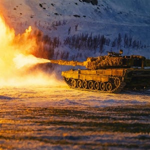 Puede incluir: Un tanque militar disparando una gran explosión de fuego y humo en un paisaje nevado. El tanque es de color beige y tiene un patrón de camuflaje en la parte superior. El cielo es una mezcla de naranja y azul.