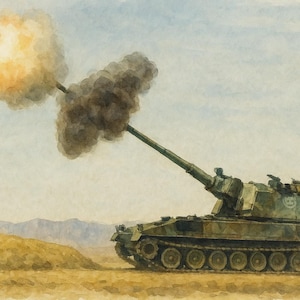 Puede incluir: Pintura a la acuarela de un tanque militar disparando un proyectil. El tanque es de color verde oliva con un cañón largo, emitiendo humo y una explosión naranja brillante. El fondo presenta un paisaje desértico.