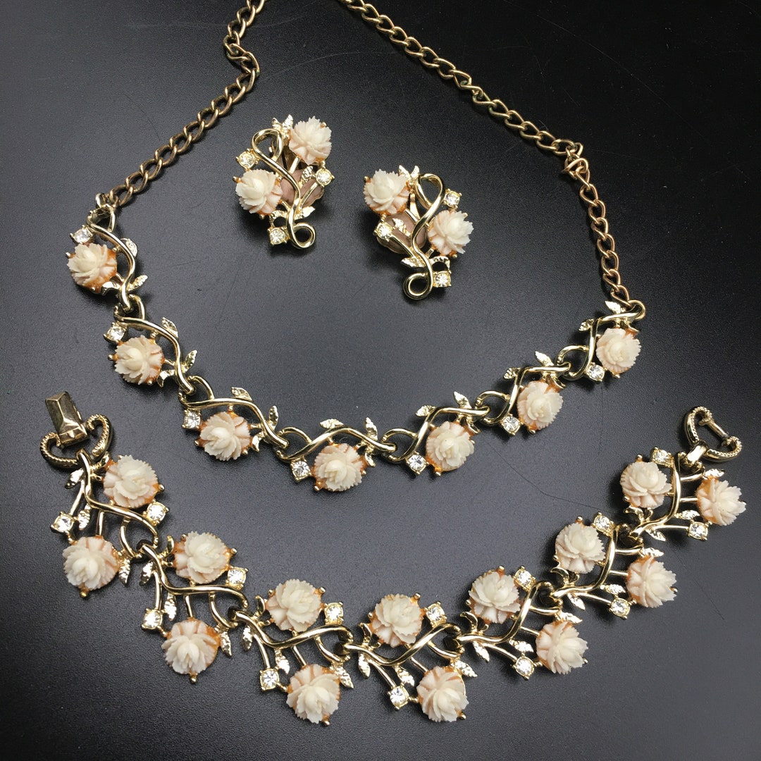 EMMONS Vintage Parure Set Royal Rose Necklace Earrings Bracelet Set