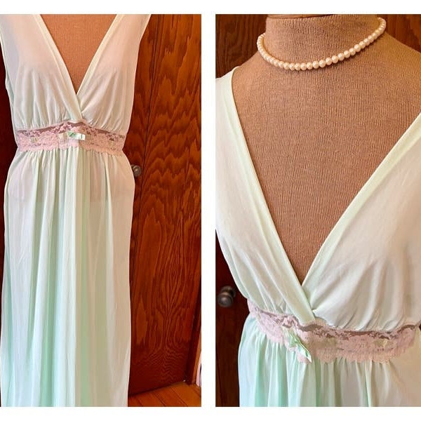 Vintage Kayser nylon nightgown negligee sleepwear mint green deep V neckline 38, greek goddess style nightgown dress