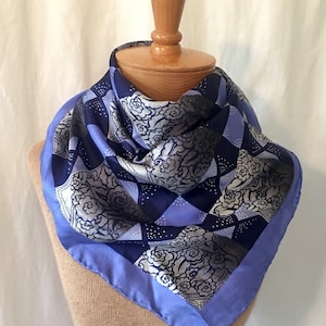 Vintage Anne Fogarty blue color block hand rolled silk scarf, Silk neck scarf- head scarf- bandana, silk scarf vintage clothing accessories