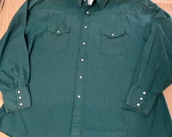 VINTAGE Wrangler Western Shirt Mens Dark Green Black pin stripe Pearl Snap, vintage chore wear work wear, cholo shirt XXL