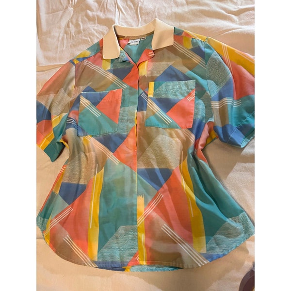 80s Pykettes womens color block pastel button up short sleeve blouse Sz XL, 80s 90s pastel color block short sleeve blouse