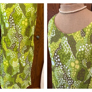 Vintage Ruth Walter mod shift dress, psychedelic green print 60s/70s midi dress, boho, hippie, nylon slip fabric dress