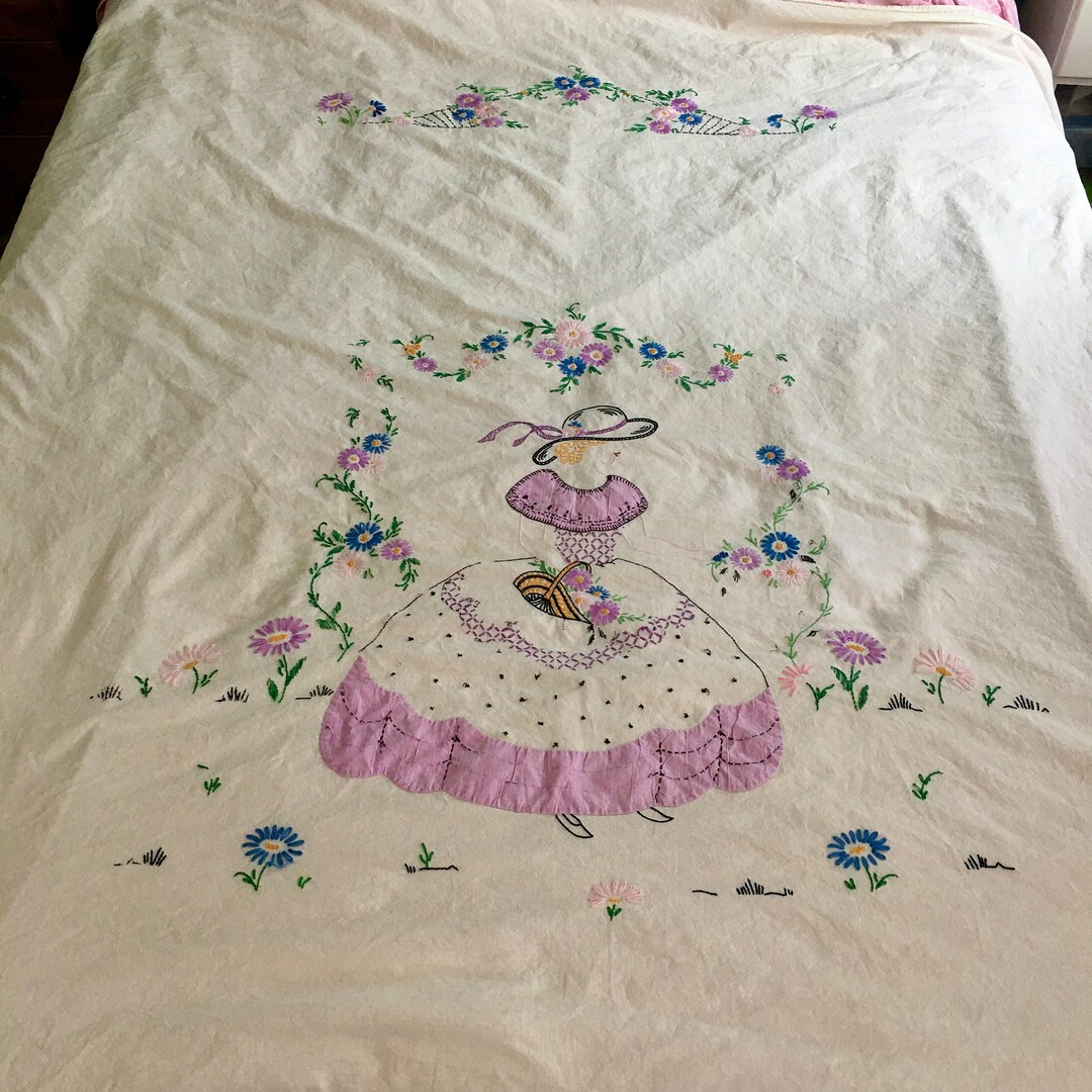 Vintage Hand Embroidered Bed Sheet Cover or Table Cloth Etsy