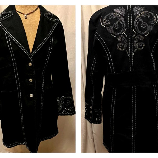 Midnight Velvet Womens Black Denim Embroidered Rhinestone Western Style Jacket Size Medium, coastal cowgirl