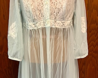 Vintage 50s MISS ELAINE Baby blue & white lace floor length peignoir robe, Nylon chiffon, lingerie cover up SEXY Romantic