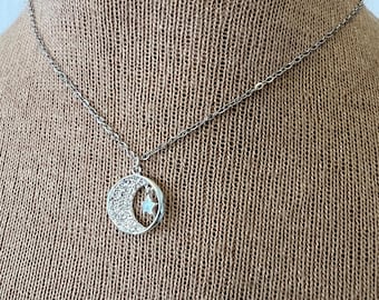 Crescent moon n star rhinestone pendant silver tone necklace, celestial jewelry