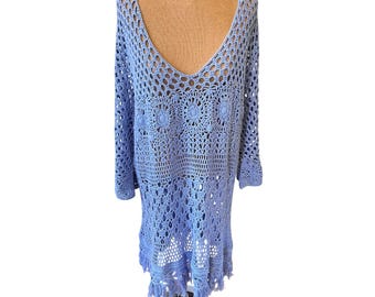 Crochet lace light blue tunic top with fringe boho festival swim cover beach