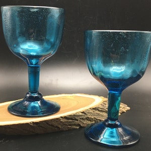 Vintage light blue stemmed wine glasses, set-2 hand blown glass wine glasses, 90&#39;s glassware/barware, vintage barware wine glass