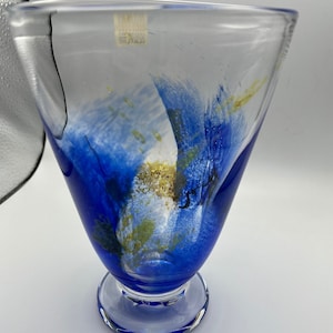 Vintage 70&#39;s Art Glass Vase Signed Eirik Jan Thore Lillehammer Kunst Glass blue gold  swirl Vase Bubble blown, Vintage Art Glass collectable