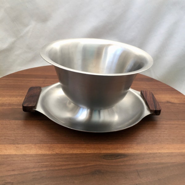 Vintage MCM 18/8 stainless steel serving dish with attached tray and wood handles, cracker & dip server, MCM tableware, 60's snack dish