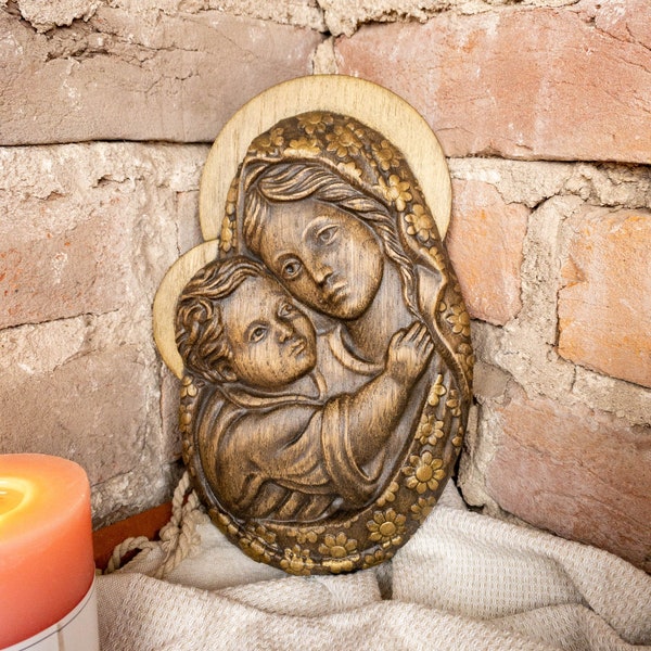 Blessed Virgin Mary, Virgin Mary of Jesus Icon, Wood Carving Wall Art, Religious Wall Hanging, Religious Icon, Catholic Icon, Christmas Gift