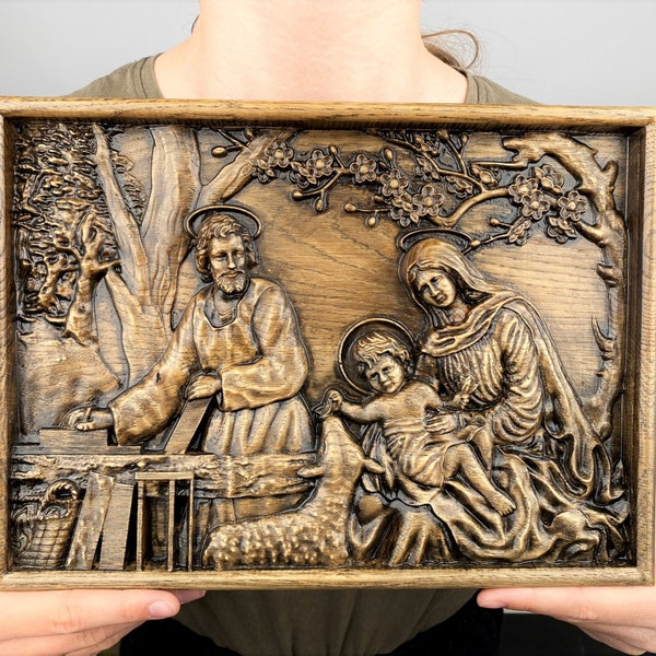Holy Family Nativity Wood Carving Engraved Religious Icon Wall Artwork Personalized Religious Gift Christian Wood Carving Icon Wood Icon