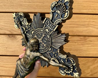 Katholiek kruis, kruisbeeld van St. Benedictus, houten kruis, religieus geschenk, muurkruis, groot formaat 19,69", snelle verzending
