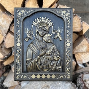 Our Lady of Perpetual Help, Wooden Icon, Religious Gift, Blessed Virgin Mary, Catholic Icon, Orthodox Icon, Christmas Gift, Wood Carving,
