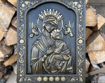 Onze-Lieve-Vrouw van Altijddurende Bijstand, houten icoon, religieus geschenk, Heilige Maagd Maria, katholiek icoon, orthodox icoon, kerstcadeau, houtsnijwerk,