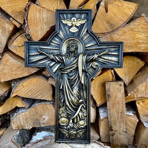 Our Lord Jesus Resurrection, Wall cross, Wooden Crucifix, Religious wood carving, Catholic Cross, Christian home decor, Religious wall art