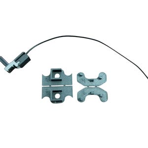 May include: A black switch with a wire and two black plastic pieces. The switch has a silver lever.