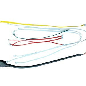 May include: A set of wires with various colored connectors, including yellow, red, white, and green. The wires are connected to a black USB cable with a connector on one end.