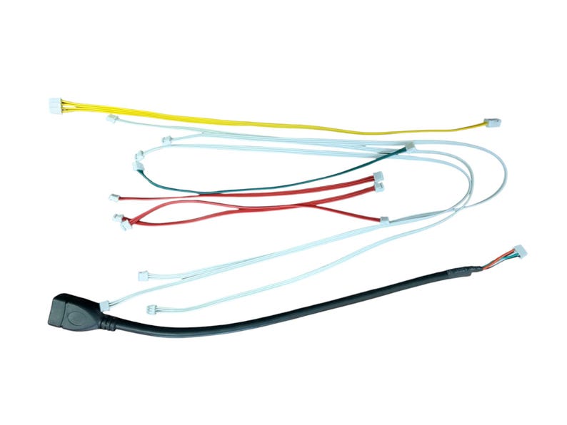 May include: A set of wires with various colored connectors, including yellow, red, white, and green. The wires are connected to a black USB cable with a connector on one end.