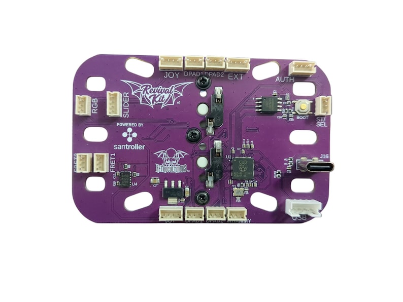 May include: Purple printed circuit board with various connectors and a USB-C port. The board has the text "Revival Kit" and "santroiler" printed on it.