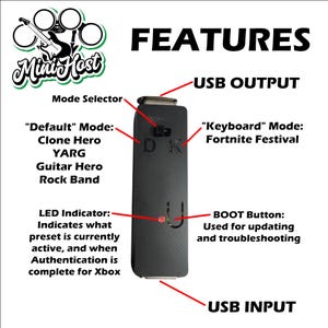 May include: A black USB adapter with a red LED indicator, a mode selector switch, and a button labeled "BOOT". The adapter is labeled "Mini Host" and has text describing its features, including "Default" mode, "Keyboard" mode, and "LED Indicator".