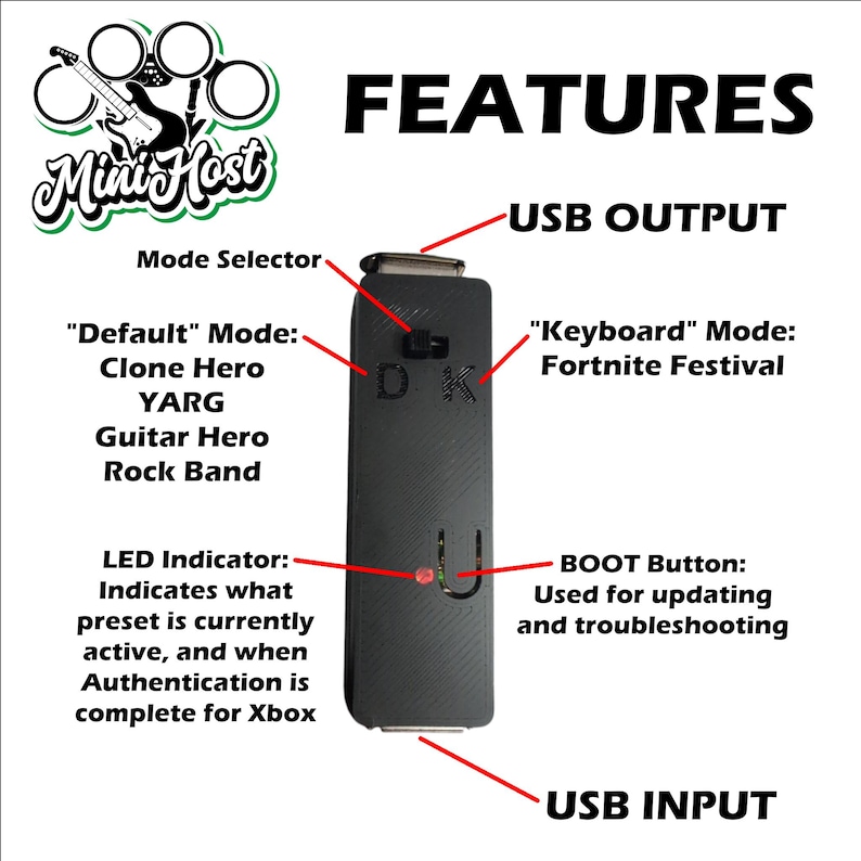 May include: A black USB adapter with a red LED indicator, a mode selector switch, and a button labeled "BOOT". The adapter is labeled "Mini Host" and has text describing its features, including "Default" mode, "Keyboard" mode, and "LED Indicator".