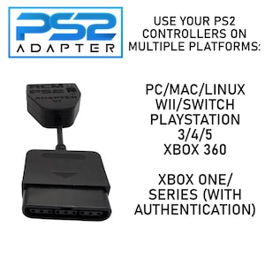 May include: Black PS2 adapter with text "PS2 Adapter" and "RCMU PS2 Adapter V1". The image includes text: "Use your PS2 controllers on multiple platforms: PC/Mac/Linux, Wii/Switch, Playstation 3/4/5, Xbox 360, Xbox One/Series (with authentication)".