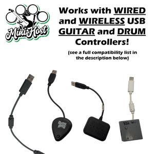 May include: A black USB adapter with a Guitar Hero logo, a black USB adapter with a Rock Band logo, and a white USB adapter with a Rock Band logo. The text "Works with WIRED and WIRELESS USB GUITAR and DRUM Controllers! (see a full compatibility list in the description below)" is visible in the image.