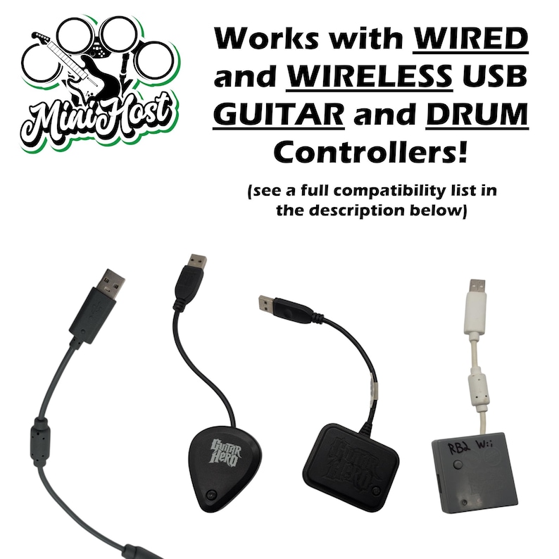 May include: A black USB adapter with a Guitar Hero logo, a black USB adapter with a Rock Band logo, and a white USB adapter with a Rock Band logo. The text "Works with WIRED and WIRELESS USB GUITAR and DRUM Controllers! (see a full compatibility list in the description below)" is visible in the image.