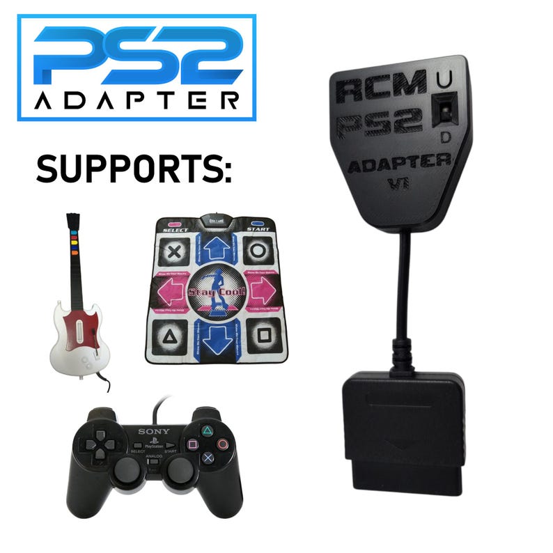 May include: A black PS2 adapter with the text "RCM PS2 ADAPTER VI" and a black cable. The image also shows a guitar controller, a dance pad, and a black Sony PlayStation controller. The text "SUPPORTS:" is also visible.