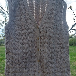 Vintage handknitted wool buttoned long women vest, mink colored ladies gilet, handmade vest, pure wool vest, hand knit plus sizes vest.