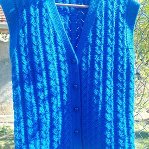 Vintage handknitted wool buttoned long women vest, blue colored ladies gilet, handmade vest, pure wool vest, hand knit plus sizes vest.