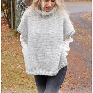 Gray pure wool oversized hand knit women sweater vest, double-neck sweater vest women, hand knit plus sizes wool double neck vest.