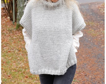 Graue reine Wolle übergroße handgestrickte Frauen Pullover Weste, Doppel Hals Pullover Weste Frauen, handgestrickte plus Größen Wolle Doppel Hals Weste.