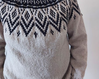 Ręcznie robiony na drutach unisex sweter z wełny nordyckiej, sweter z wełny nordyckiej dla kobiet lub mężczyzn z podwójnym kołnierzem, ręcznie robiony na drutach sweter unisex.