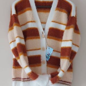 Ready to ship large cardi.Handknitted fluffy trendy long sleeve striped men cardigan with buttoned, brown and white colour striped sweater.