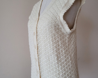Vintage handknitted wool buttoned long women vest, cream colored ladies gilet, handmade vest, pure wool vest, hand knit plus sizes vest.