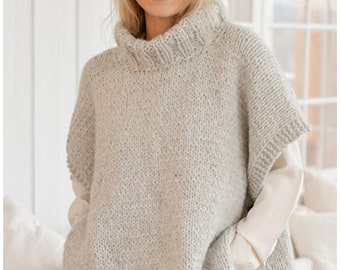 Gray pure wool oversized hand knit women sweater vest, double-neck sweater vest women, hand knit plus sizes wool double neck vest.
