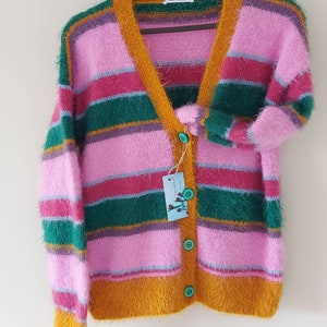 Ready to ship. Fluffy pink striped handknitted long sleeve cardigan, trendy striped women or men cardigan, oversized colorful cardigan.