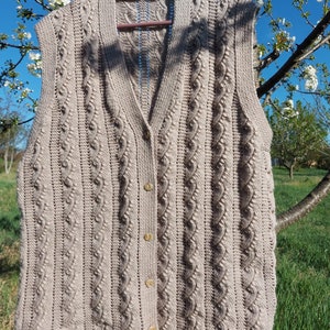 Vintage handknitted wool buttoned long women vest, mink colored ladies gilet, handmade vest, pure wool vest, hand knit plus sizes vest.