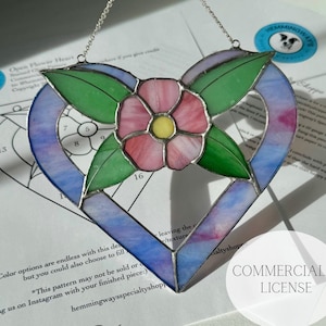 Pattern, Stained Glass Open Flower Heart Suncatcher Pattern, Stained Glass Heart Pattern, Digital Download, Commercial License, Valentines