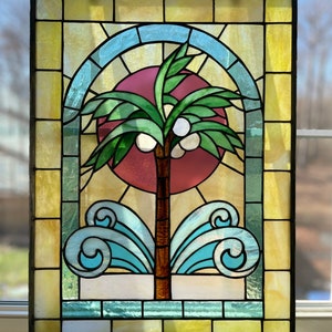 ステンドグラスパネル【椰子の木】 Abstract Palm Tree Stained Glass Window Panel, Hangings