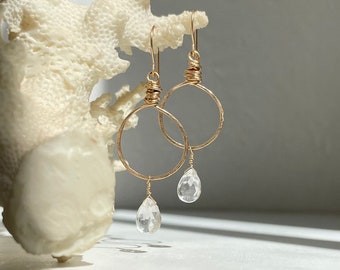 Dainty Sparkling Clear Quartz Circle Earrings, Elegant Earrings, Gemstone Earrings, Gold Filled Earrings, Silver Earrings, Boho Earrings