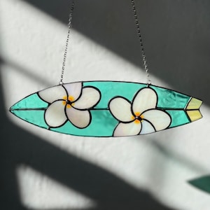 Stained Glass Surfboard Suncatcher: Hand-Painted Plumeria, Tropical Decor