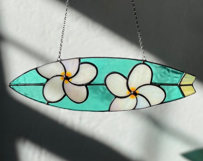Stained Glass Surfboard Suncatcher: Hand-Painted Plumeria Flower, Tropical Decor